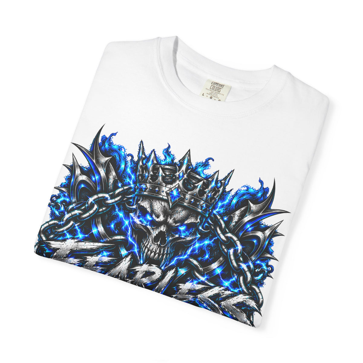 Skull Throne Graphic T-Shirt — Blue Lightning Heavy Metal Tee