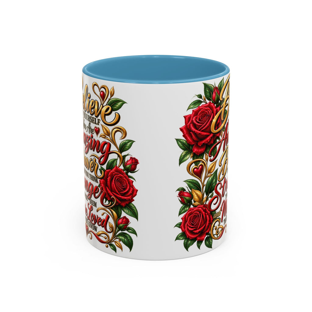 Inspirational Rose Coffee Mug — "Believe in Yourself" Motivational Tea Cup