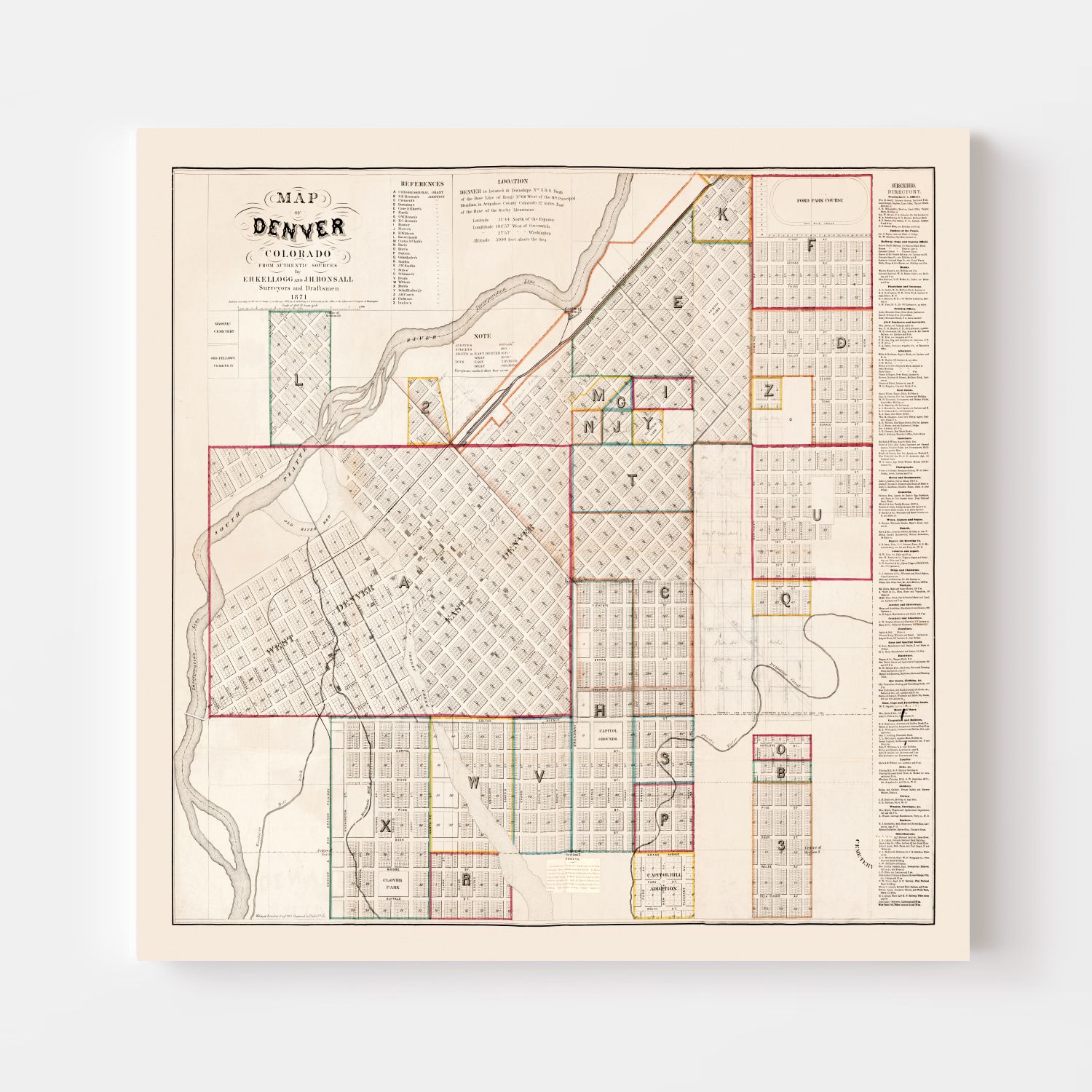 Vintage Map of Denver, Colorado 1871