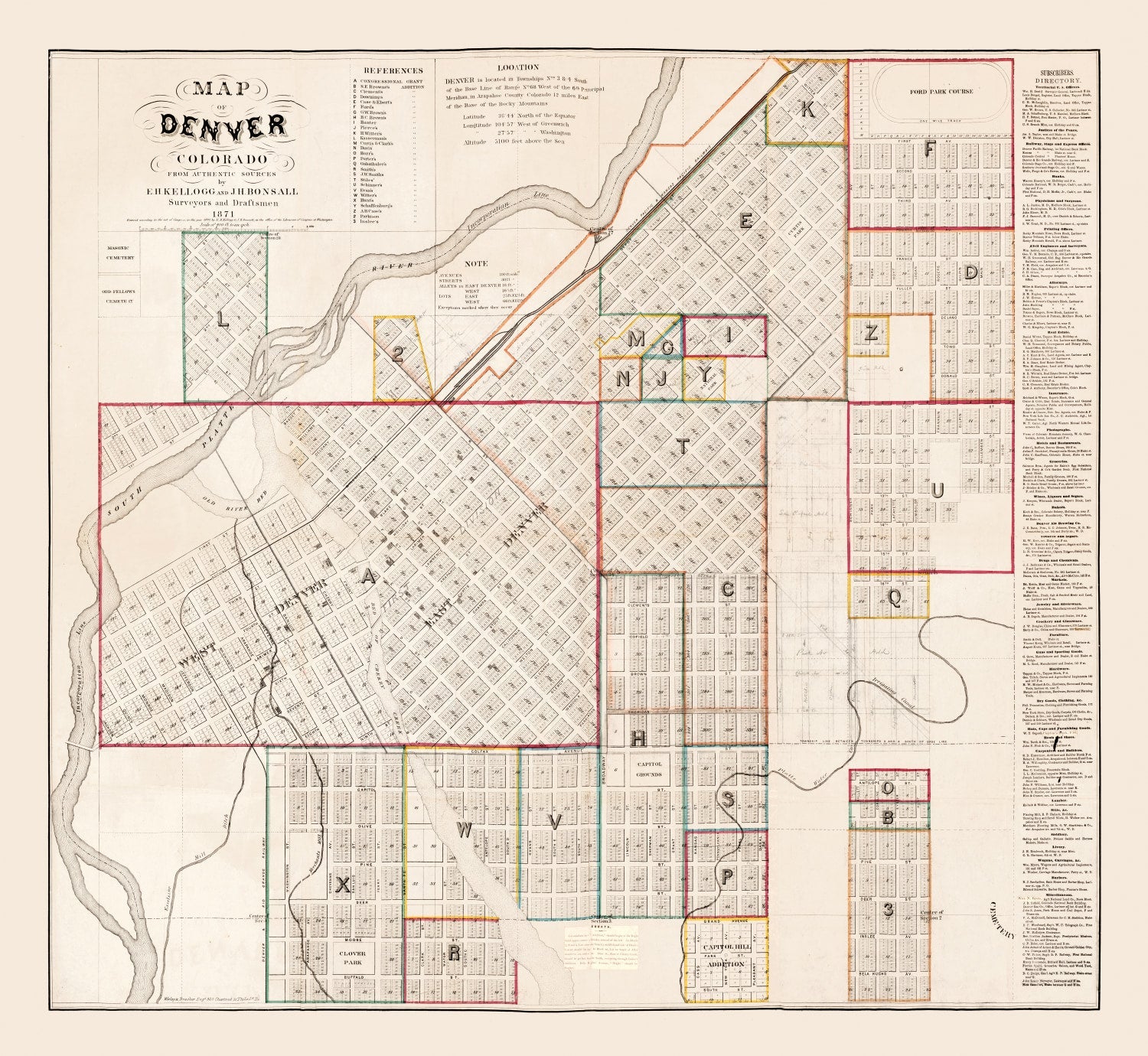 Vintage Map of Denver, Colorado 1871