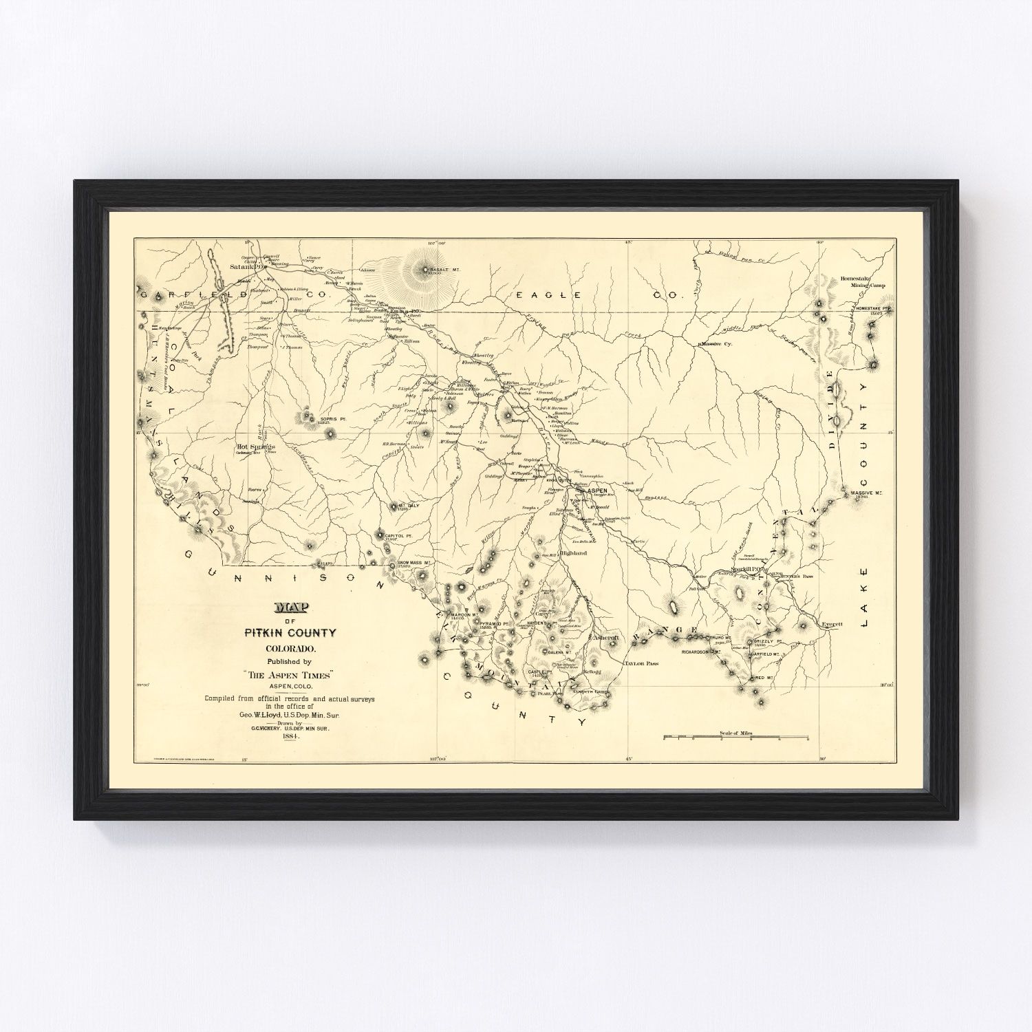 Vintage Map of Pitkin County, Colorado 1884