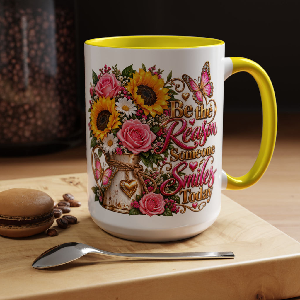 Be the Reason Someone Smiles Today Accent Coffee Mug – Floral Sunflower & Rose Inspirational 11/15oz