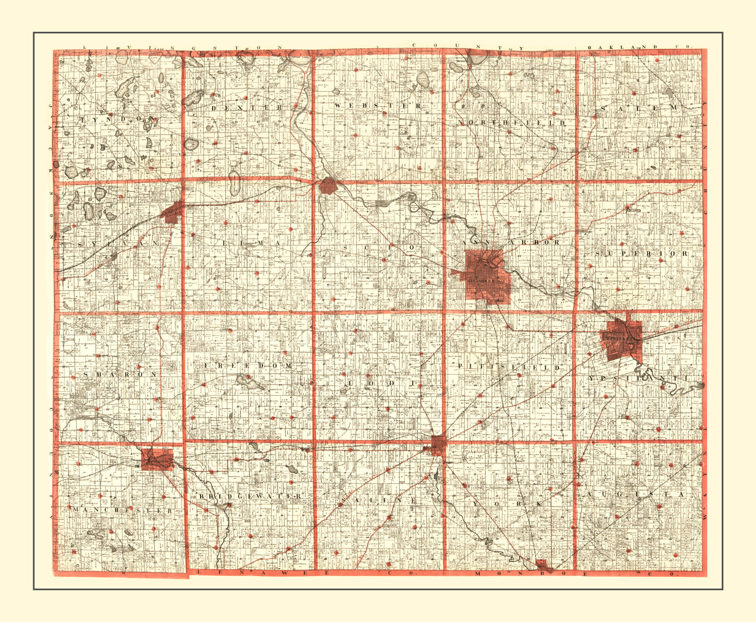 Vintage Map of Washtenaw County, Michigan 1896