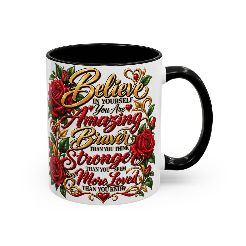 Inspirational Rose Coffee Mug — "Believe in Yourself" Motivational Tea Cup