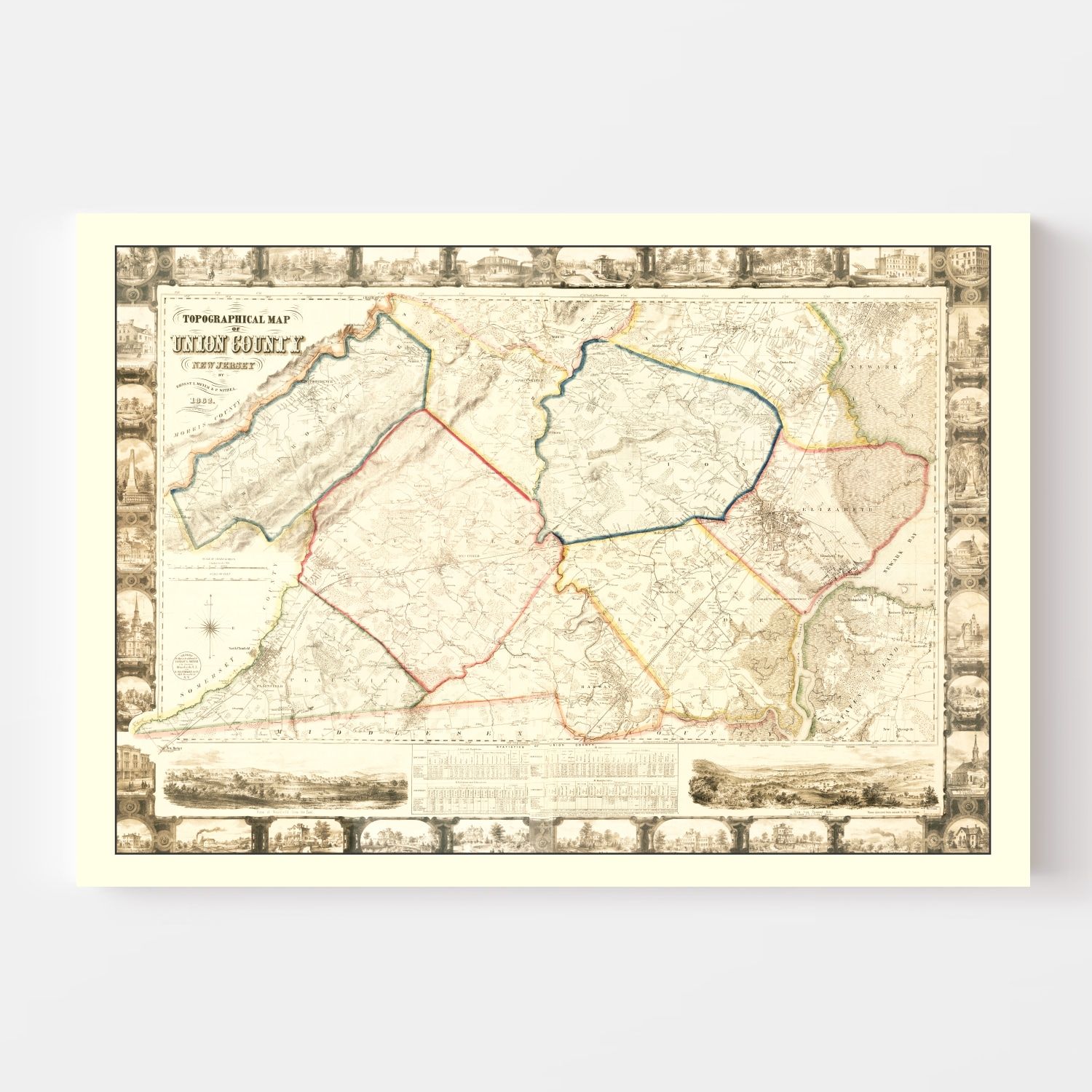 Vintage Map of Union County, New Jersey 1862