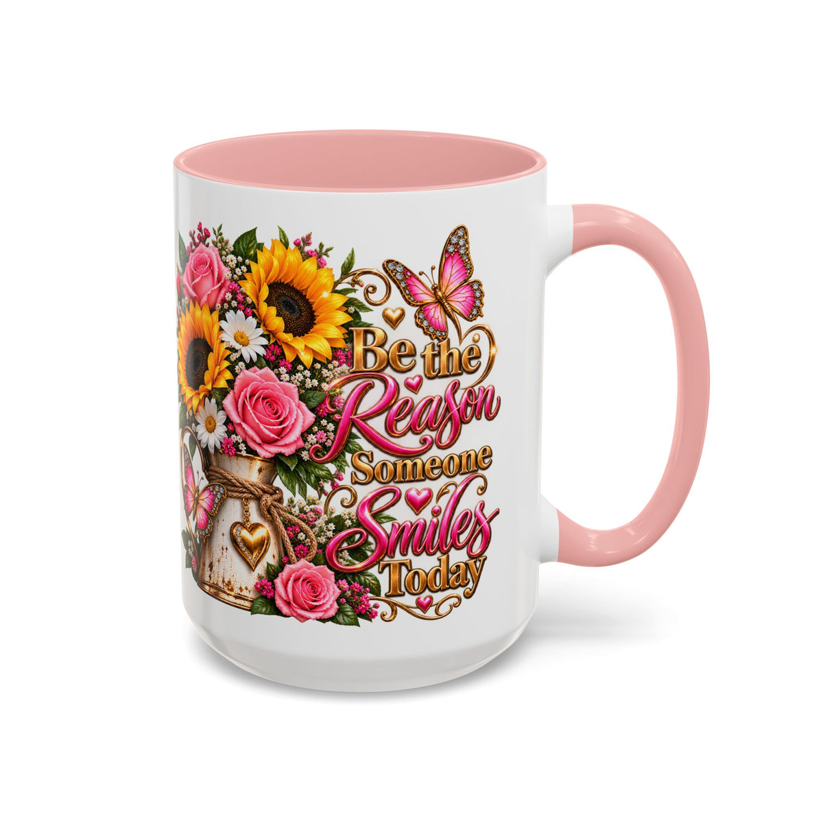 Be the Reason Someone Smiles Today Accent Coffee Mug – Floral Sunflower & Rose Inspirational 11/15oz