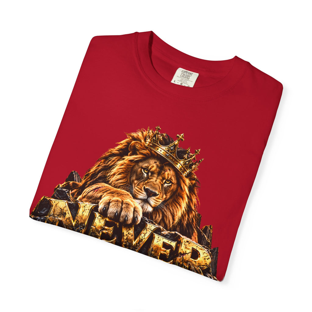Lion Graphic T-Shirt — "Never Give Up: Great Things Take Time" Motivational Tee