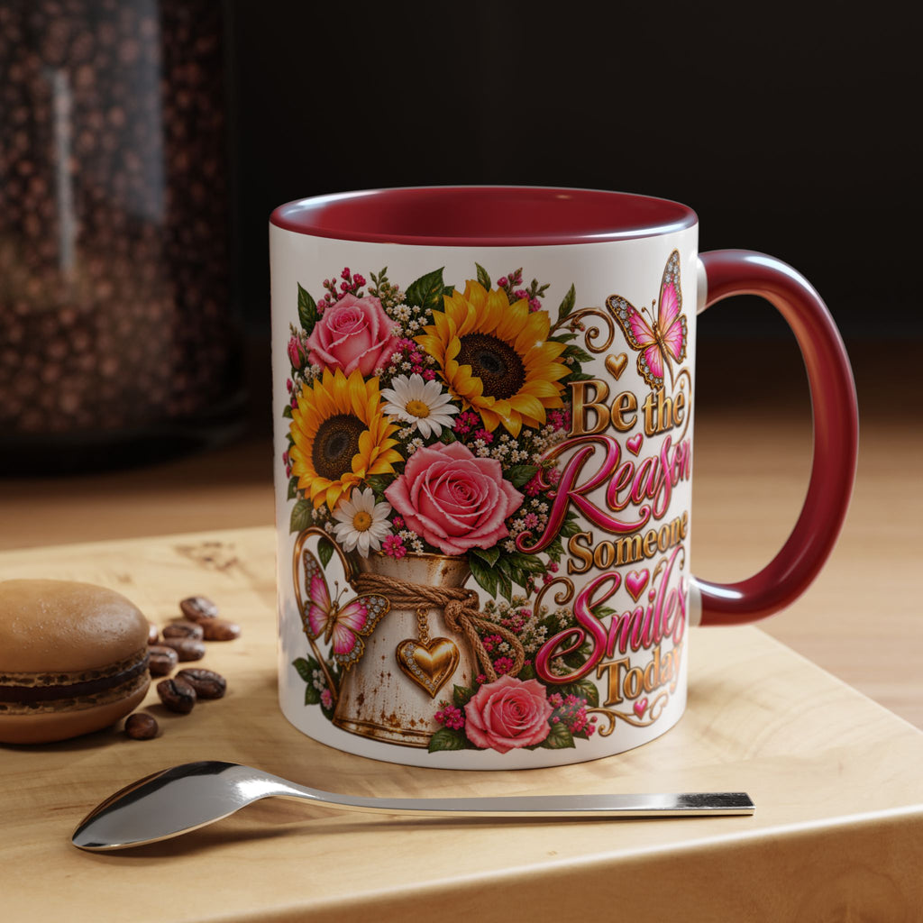 Be the Reason Someone Smiles Today Accent Coffee Mug – Floral Sunflower & Rose Inspirational 11/15oz