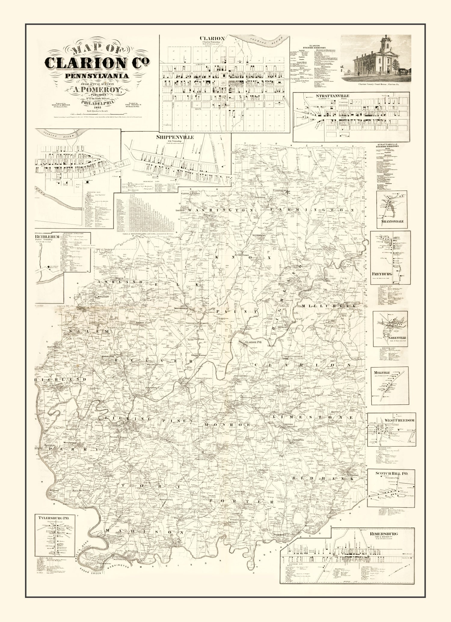 Vintage Map of Clarion County, Pennsylvania 1865