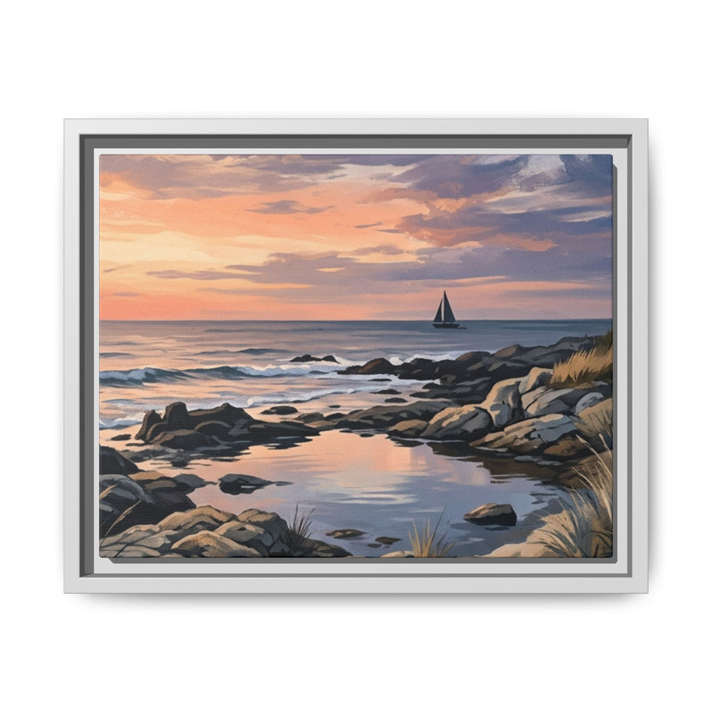 Framed Seaside Sunset Matte Canvas Print – Sailboat Coastal Wall Art