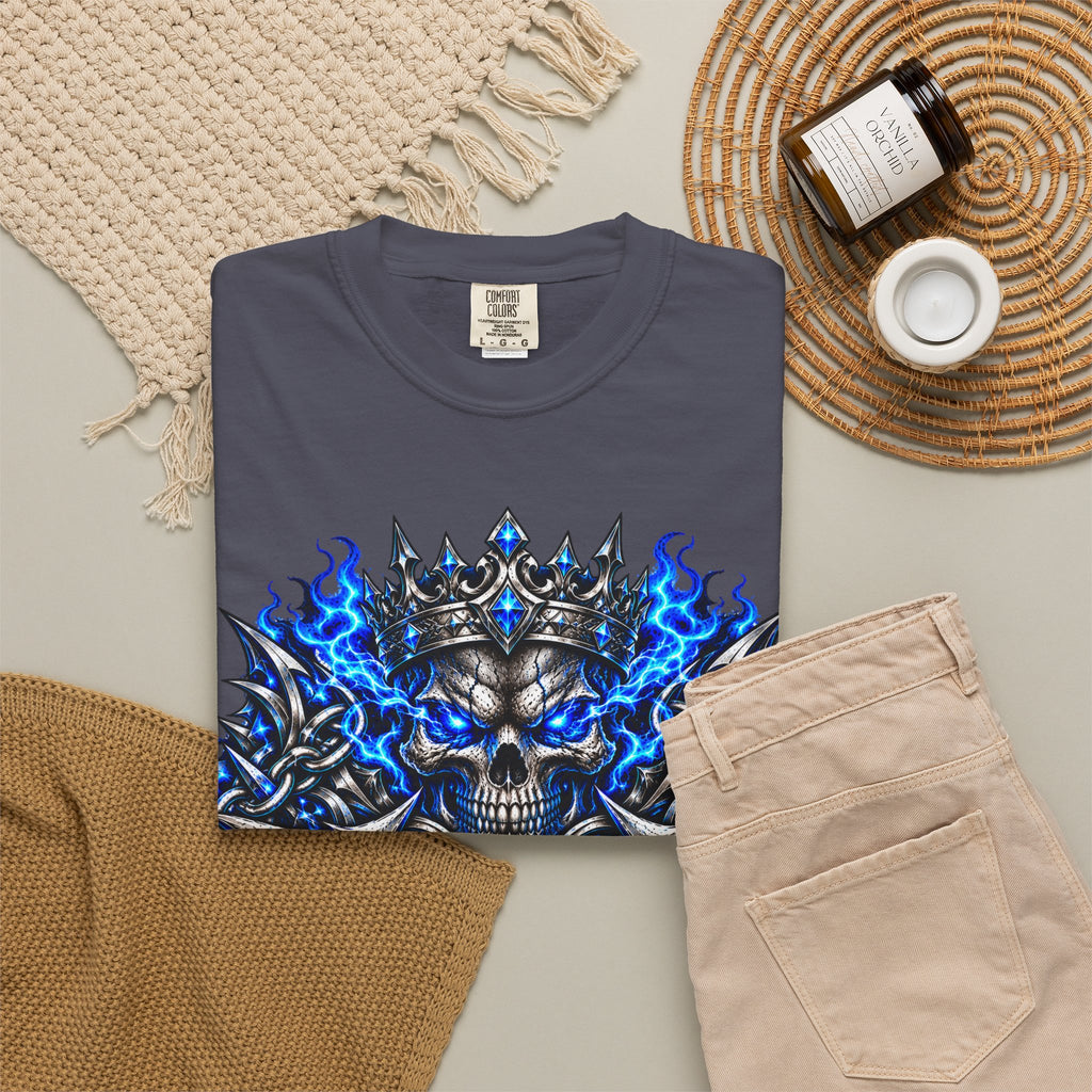 Wrath Skull Crown T‑Shirt — Blue Flame Gothic Graphic Tee