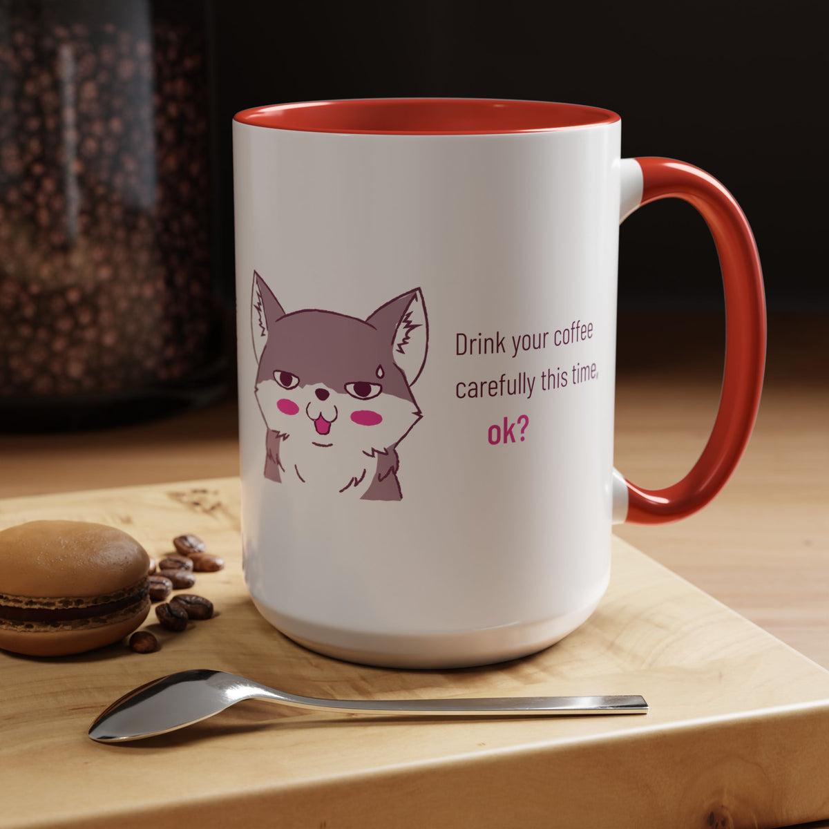 Accent Coffee Mug — Cute Shy Fox Design "Drink your coffee carefully this time, ok?"