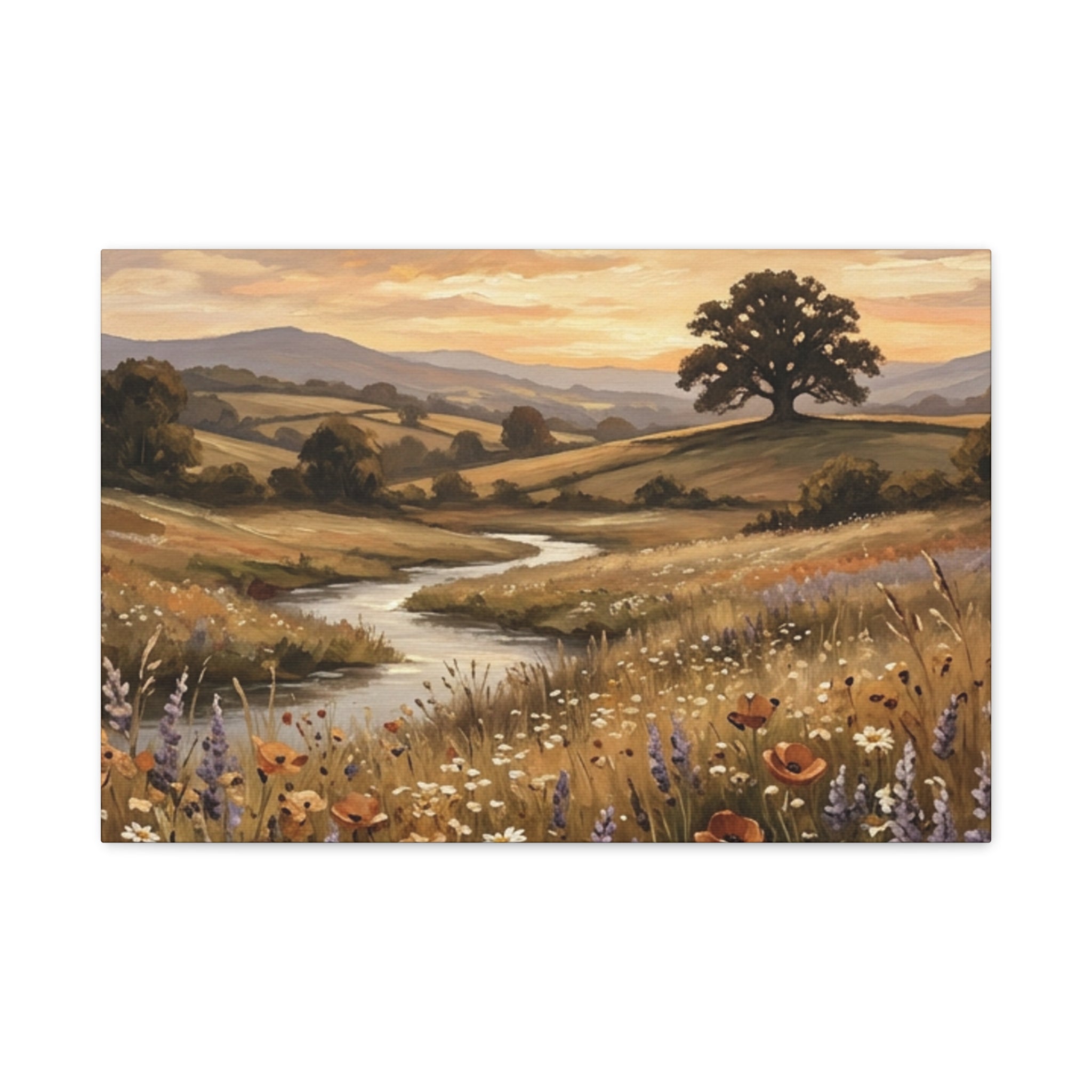 Golden Meadow River Canvas Wall Art — Stretched Matte Print