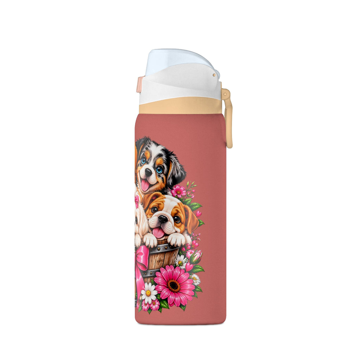 32oz Insulated Water Bottle with Adorable Dogs and Flowers