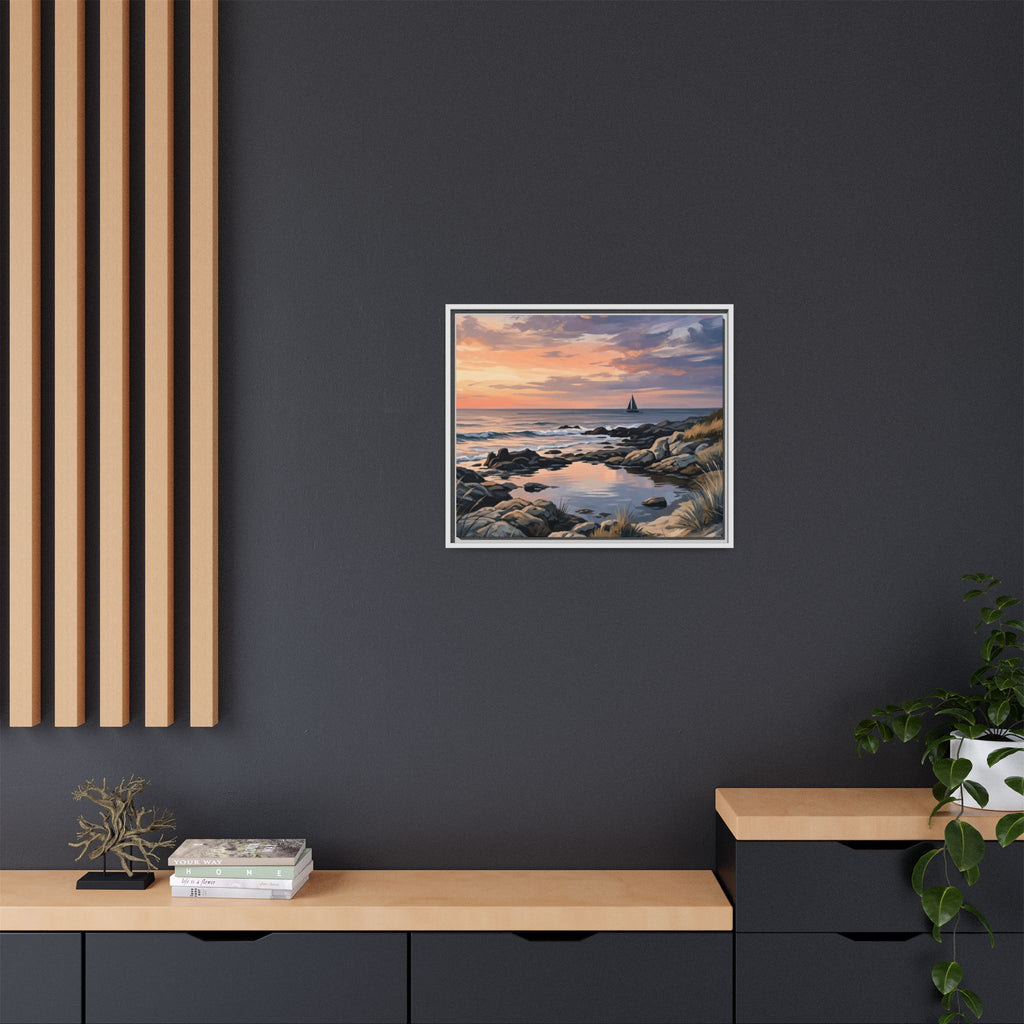 Framed Seaside Sunset Matte Canvas Print – Sailboat Coastal Wall Art