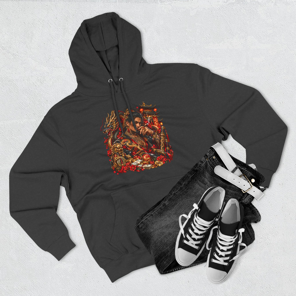 Dragon Battle Hoodie — Three-Panel Fleece Hooded Sweatshirt with Fiery Fantasy Artwork