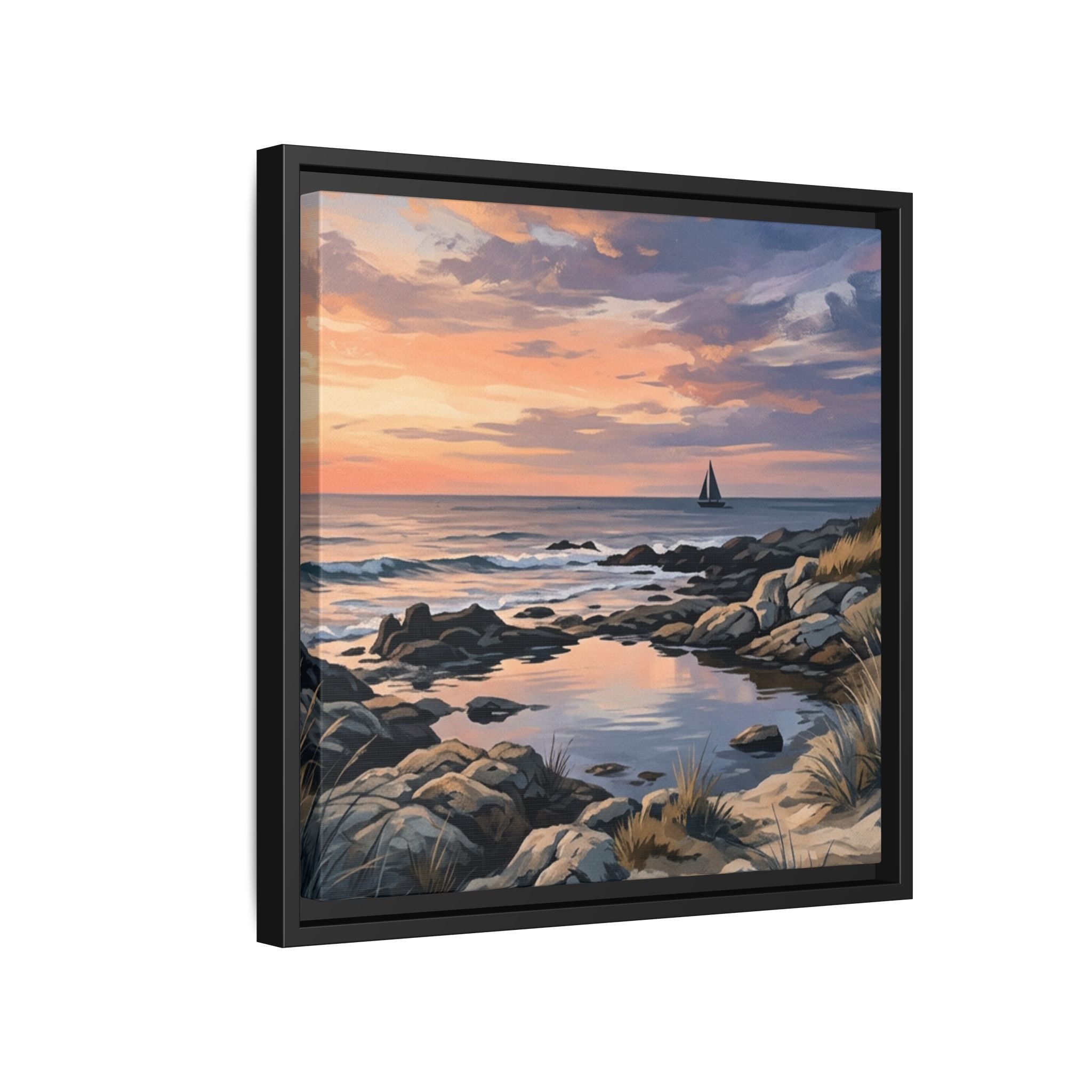 Framed Seaside Sunset Matte Canvas Print – Sailboat Coastal Wall Art