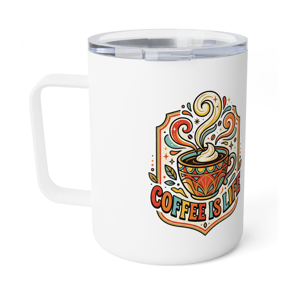 10oz Insulated Coffee Mug — Colorful "Coffee Is Life" Art Travel Tumbler