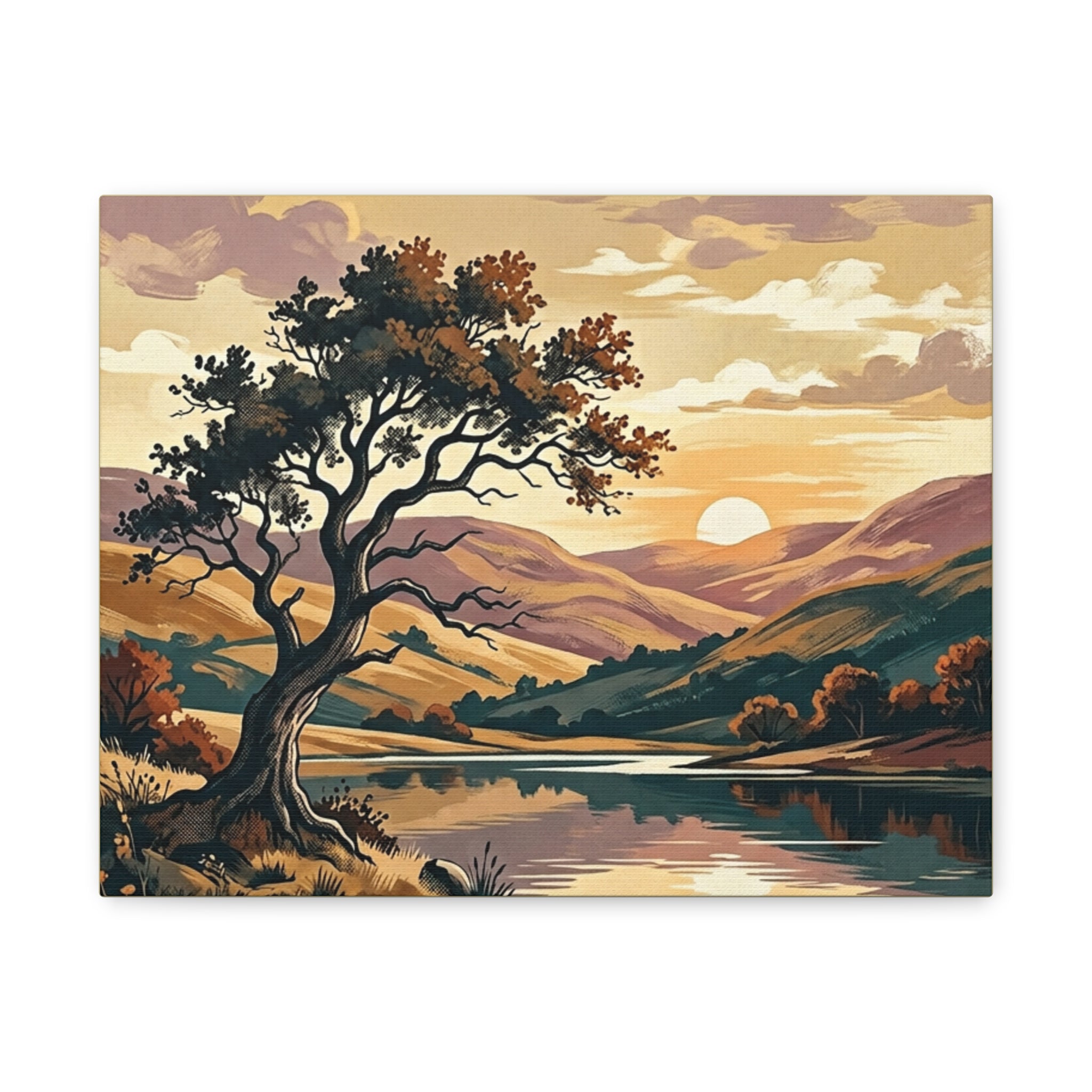 Sunset Lake Landscape Canvas - Vintage Tree Wall Art Print