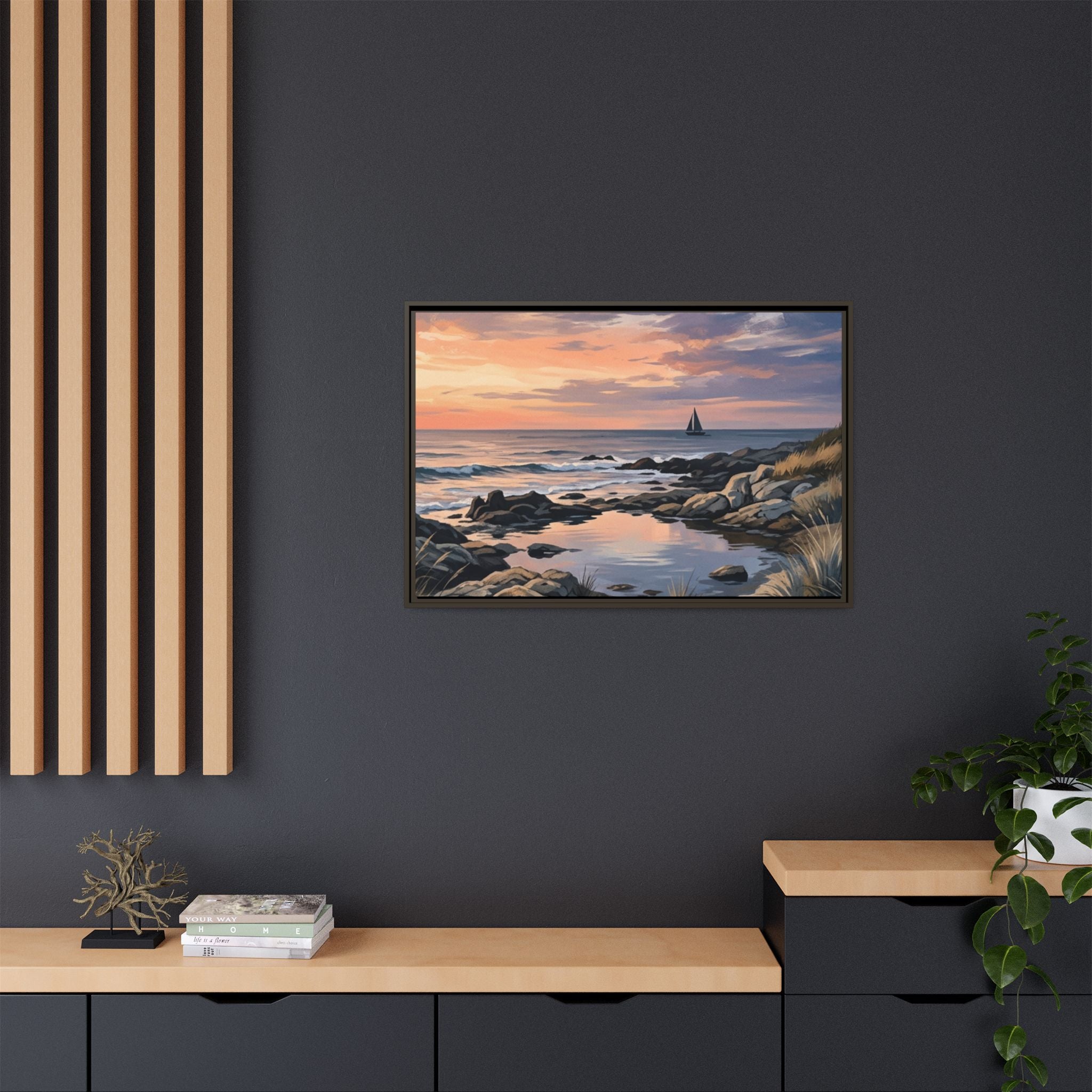 Framed Seaside Sunset Matte Canvas Print – Sailboat Coastal Wall Art