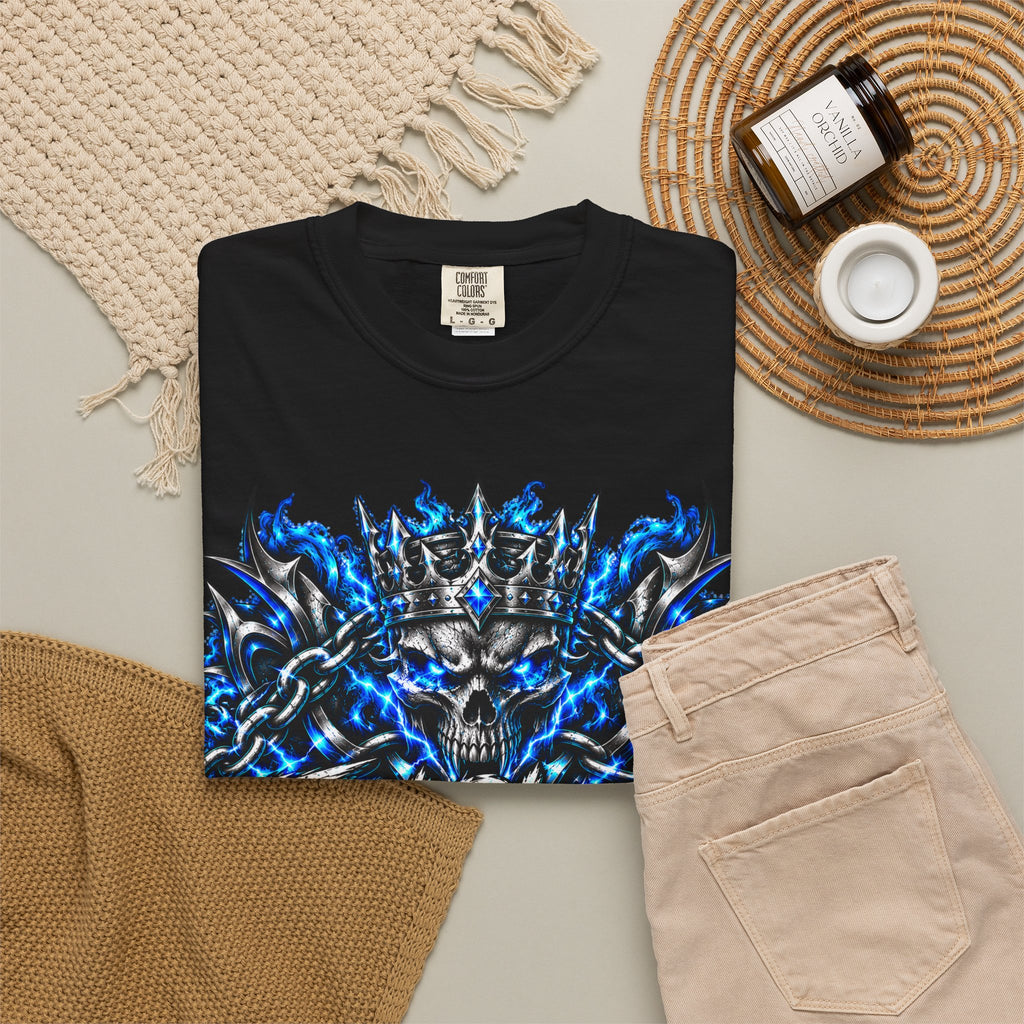 Skull Throne Graphic T-Shirt — Blue Lightning Heavy Metal Tee