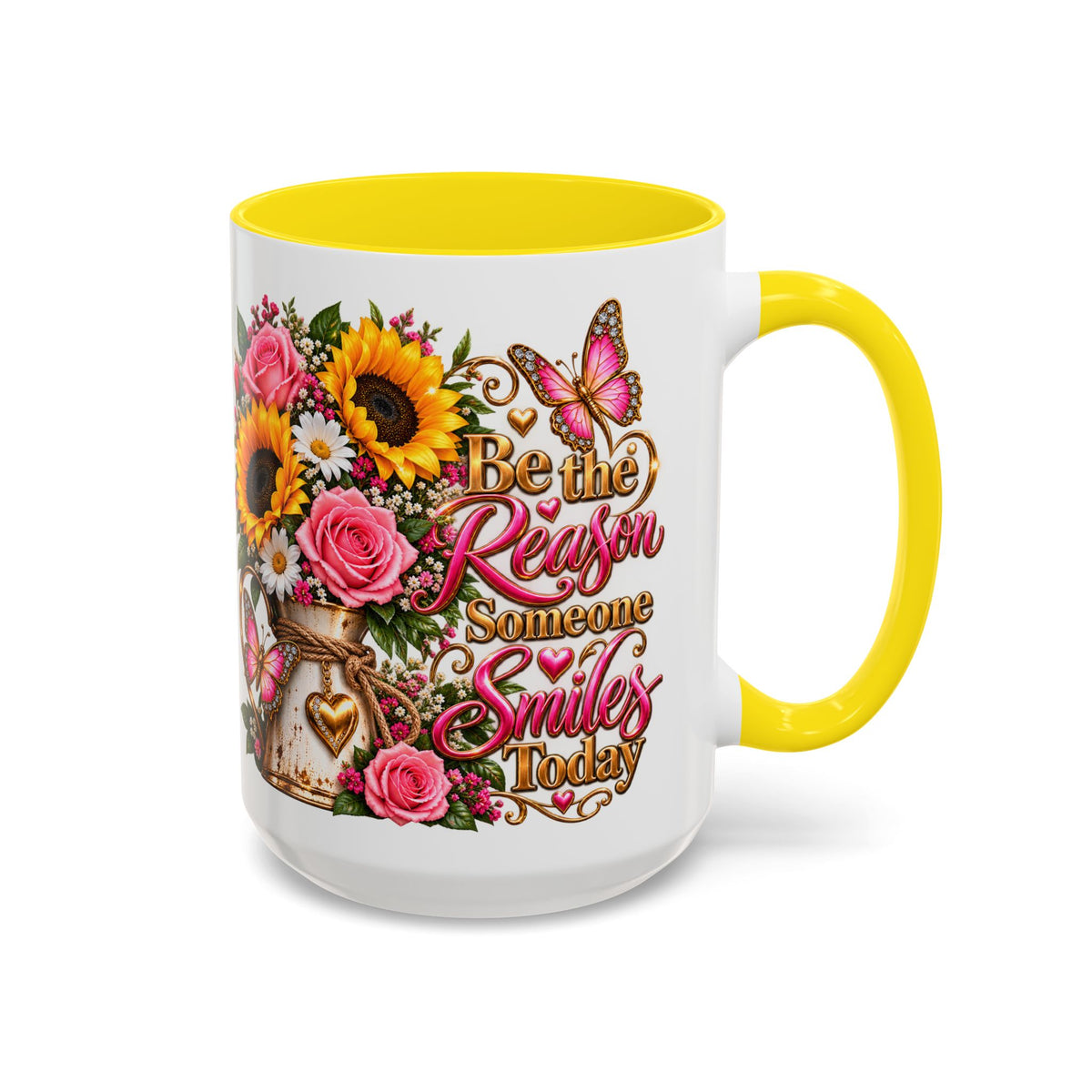 Be the Reason Someone Smiles Today Accent Coffee Mug – Floral Sunflower & Rose Inspirational 11/15oz
