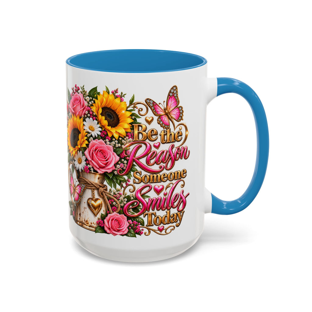 Be the Reason Someone Smiles Today Accent Coffee Mug – Floral Sunflower & Rose Inspirational 11/15oz