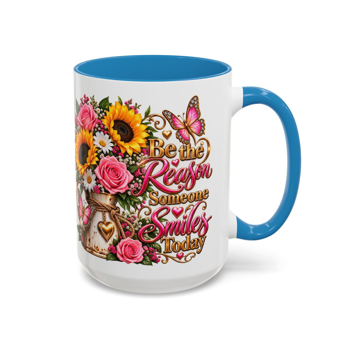 Be the Reason Someone Smiles Today Accent Coffee Mug – Floral Sunflower & Rose Inspirational 11/15oz