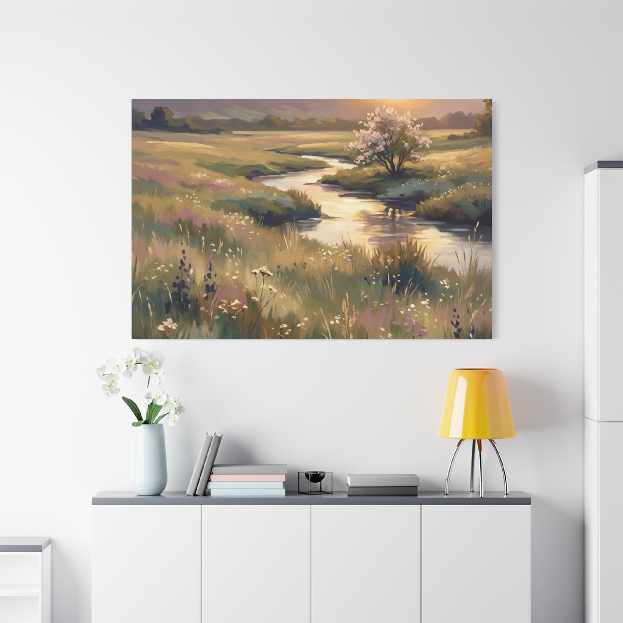 Serene Meadow Stream Matte Canvas Art — Stretched Wall Decor