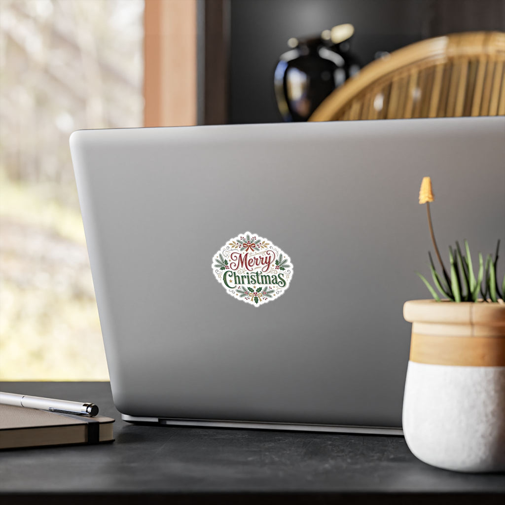 Merry Christmas Vinyl Decal — Holiday Wreath Sticker for Windows, Laptops & Gifts