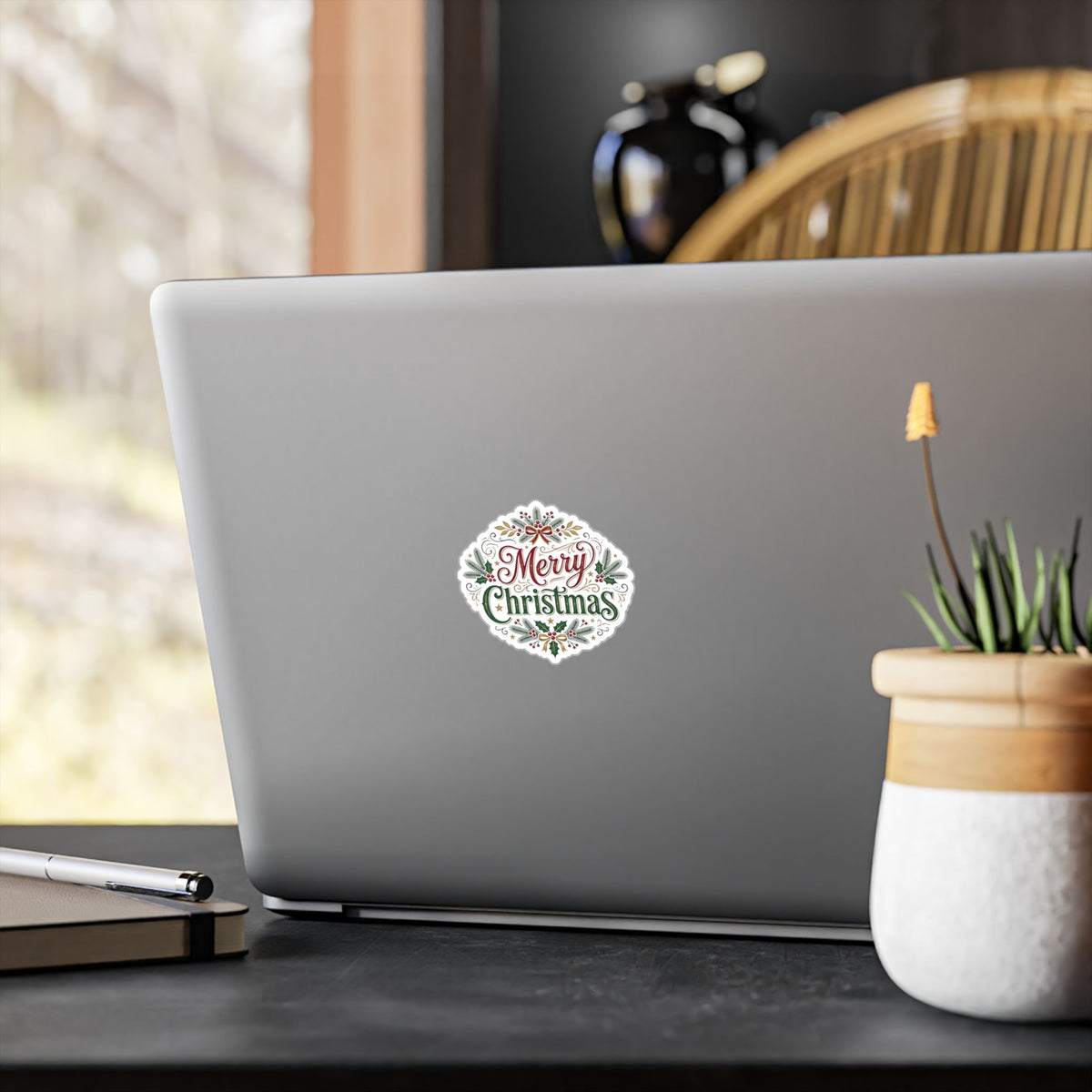 Merry Christmas Vinyl Decal — Holiday Wreath Sticker for Windows, Laptops & Gifts