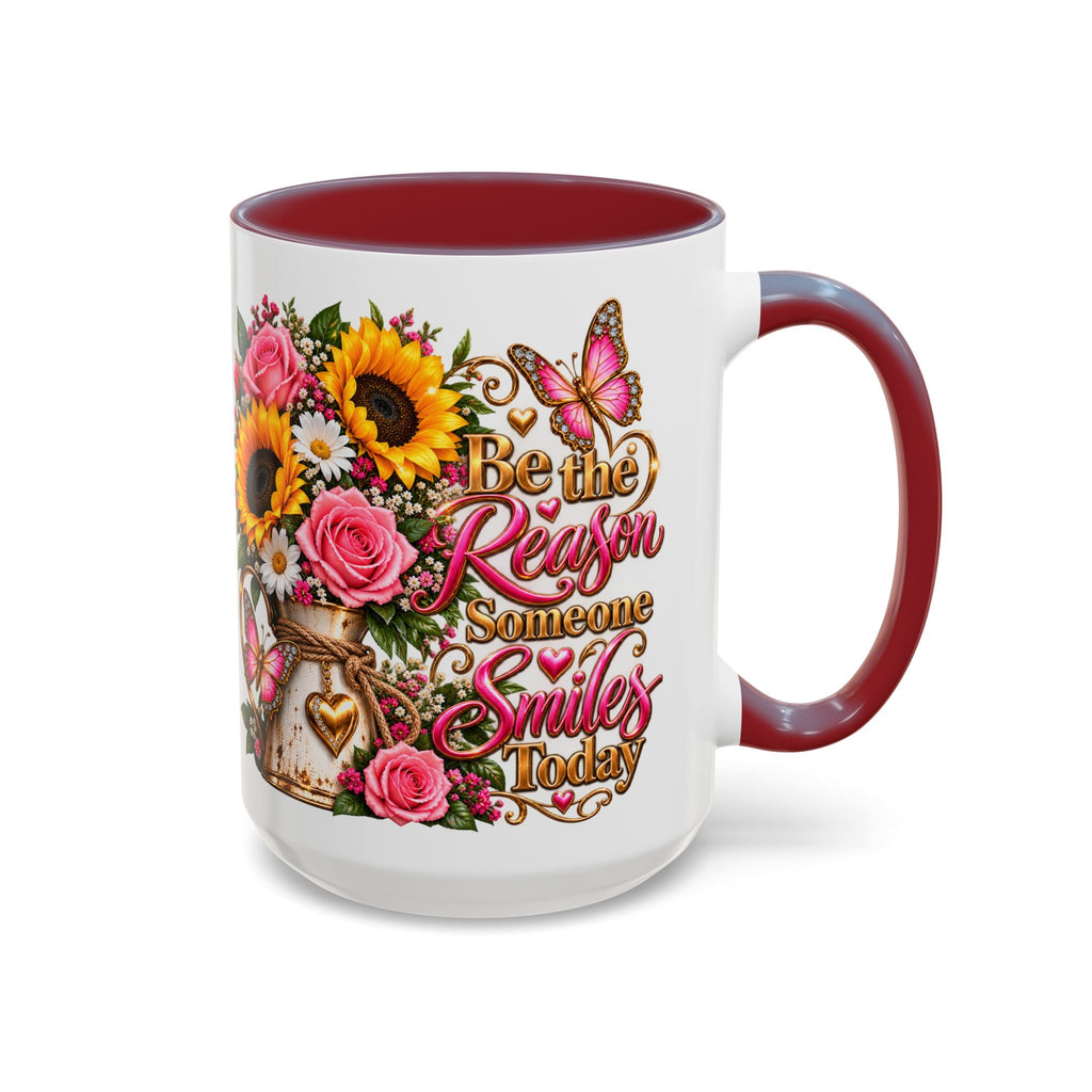 Be the Reason Someone Smiles Today Accent Coffee Mug – Floral Sunflower & Rose Inspirational 11/15oz