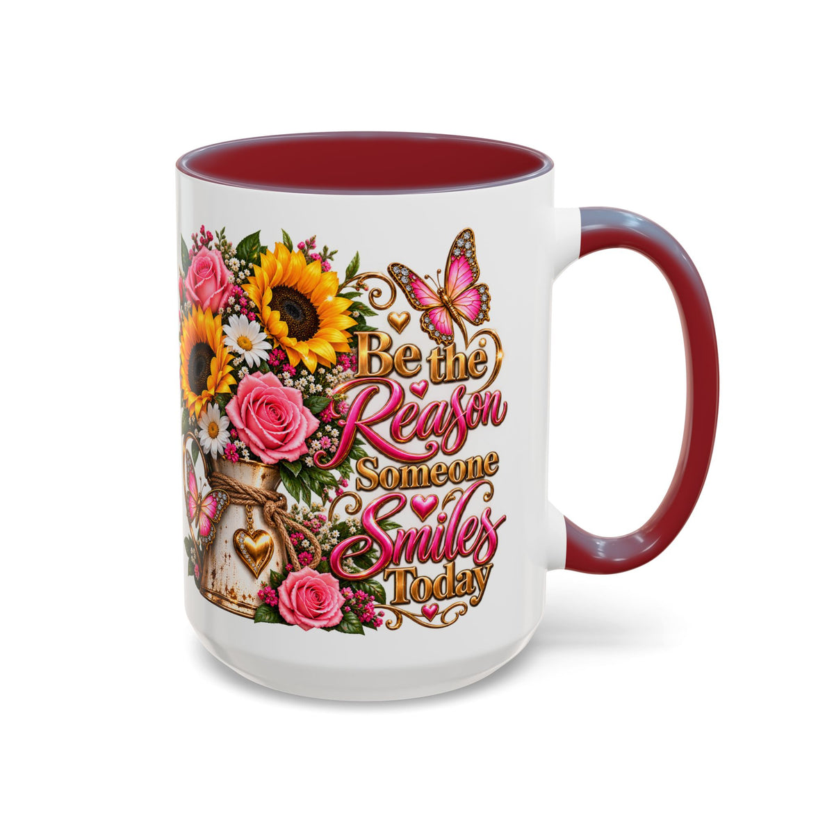 Be the Reason Someone Smiles Today Accent Coffee Mug – Floral Sunflower & Rose Inspirational 11/15oz