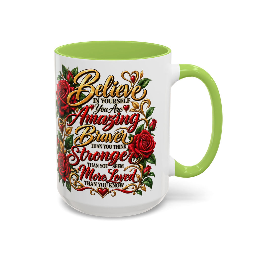 Inspirational Rose Coffee Mug — "Believe in Yourself" Motivational Tea Cup
