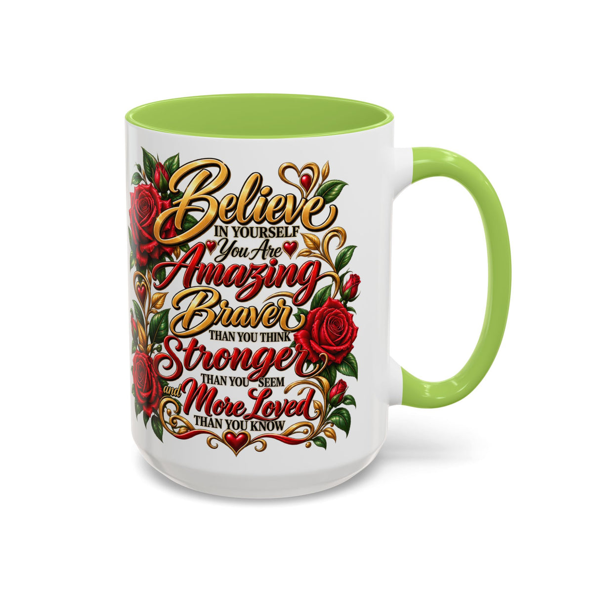 Inspirational Rose Coffee Mug — "Believe in Yourself" Motivational Tea Cup