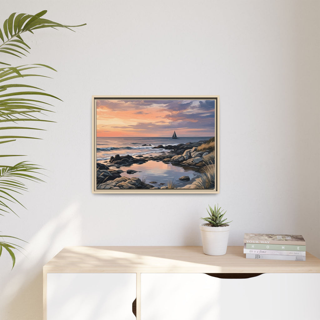 Framed Seaside Sunset Matte Canvas Print – Sailboat Coastal Wall Art