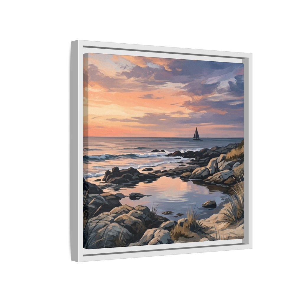 Framed Seaside Sunset Matte Canvas Print – Sailboat Coastal Wall Art