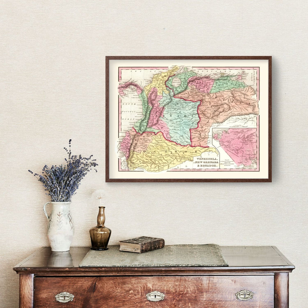 Vintage Map of Colombia, Venezuela And Ecuador 1842