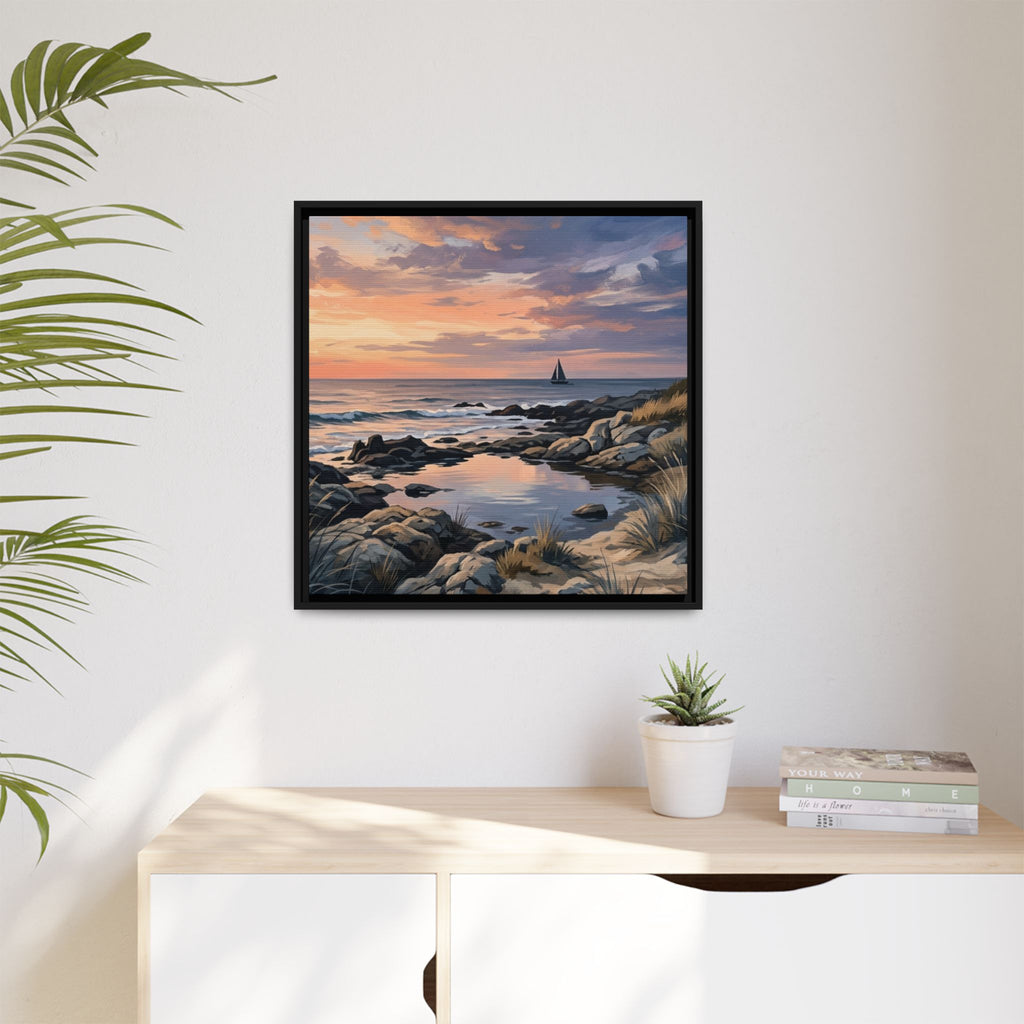 Framed Seaside Sunset Matte Canvas Print – Sailboat Coastal Wall Art