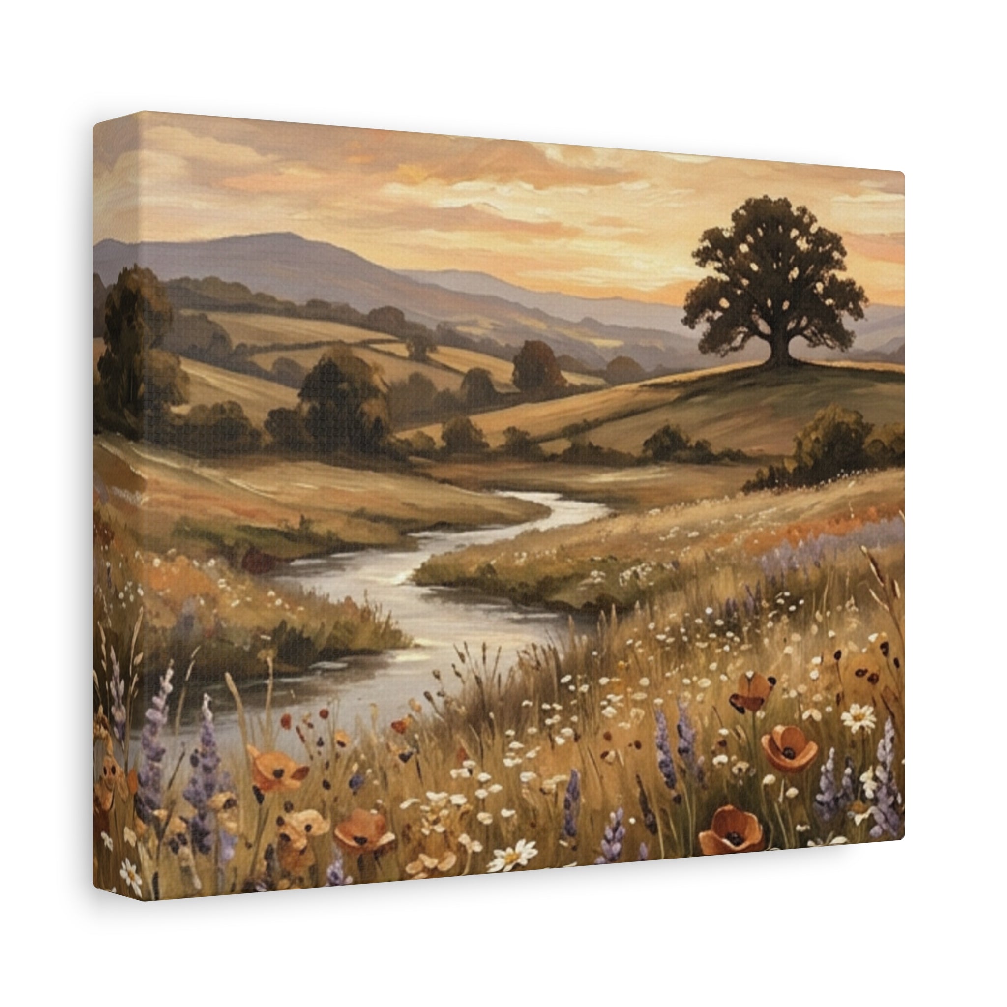 Golden Meadow River Canvas Wall Art — Stretched Matte Print