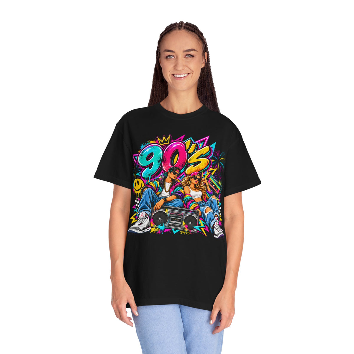 90s Retro Streetwear T-Shirt — Vintage Boombox & Neon Graffiti Design