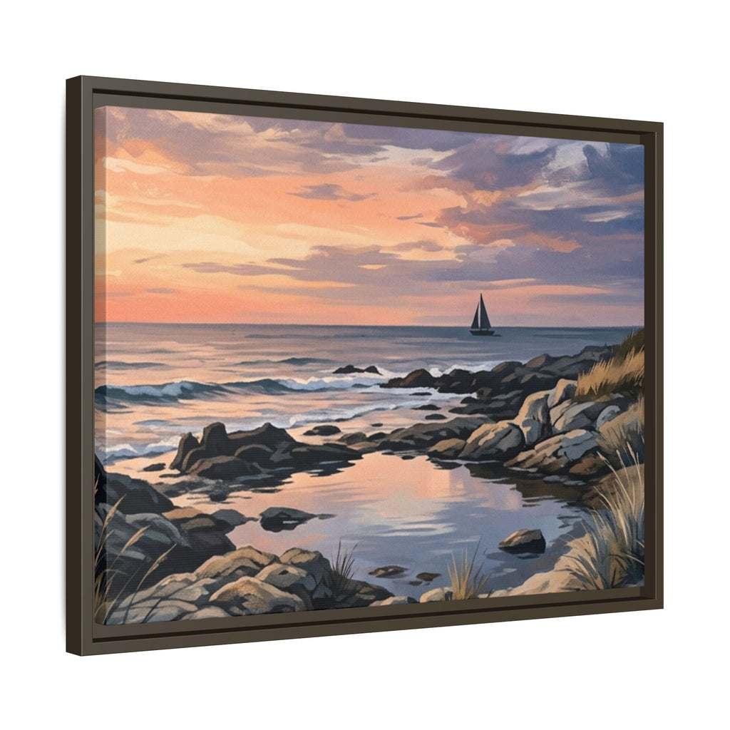 Framed Seaside Sunset Matte Canvas Print – Sailboat Coastal Wall Art