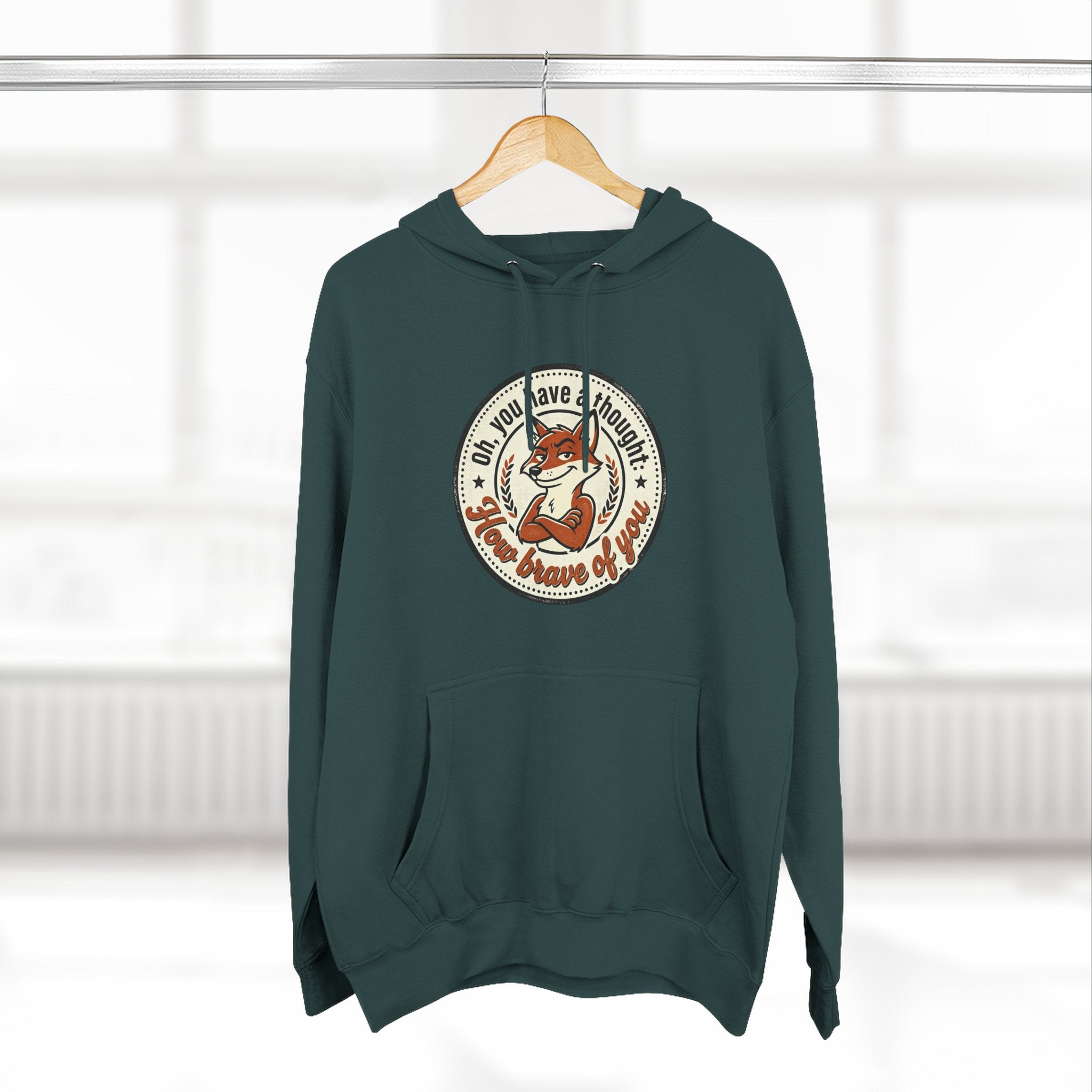 Fox Badge Hoodie — "Be Brave & Kind" Retro Emblem Fleece Hoodie