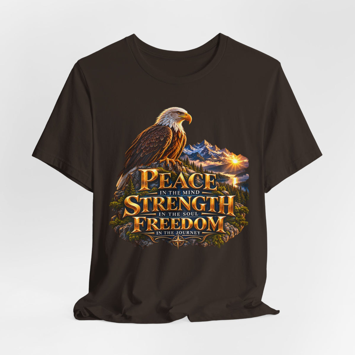 Eagle Mountain Sunrise T‑Shirt — "Peace Strength Freedom" Patriotic Tee