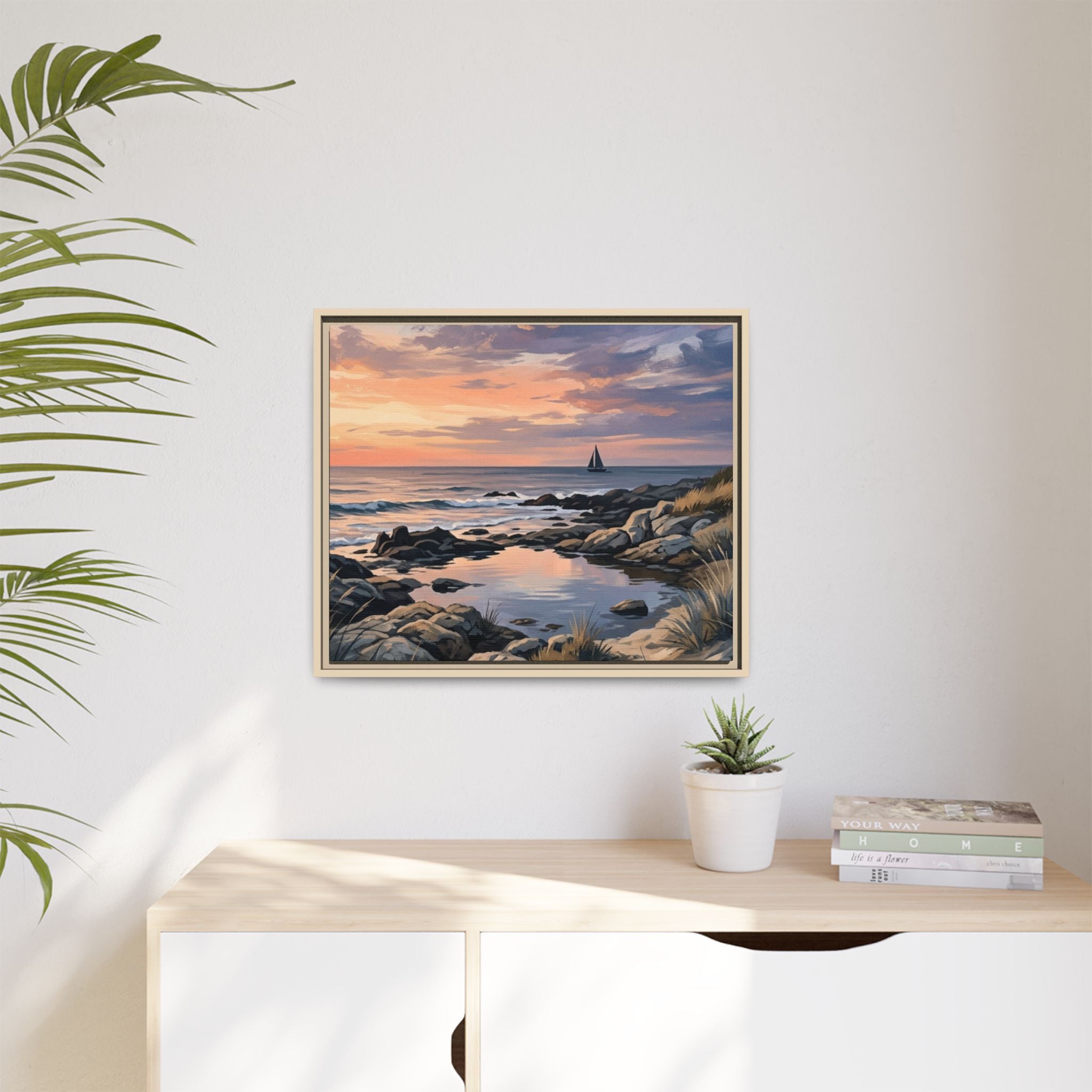 Framed Seaside Sunset Matte Canvas Print – Sailboat Coastal Wall Art