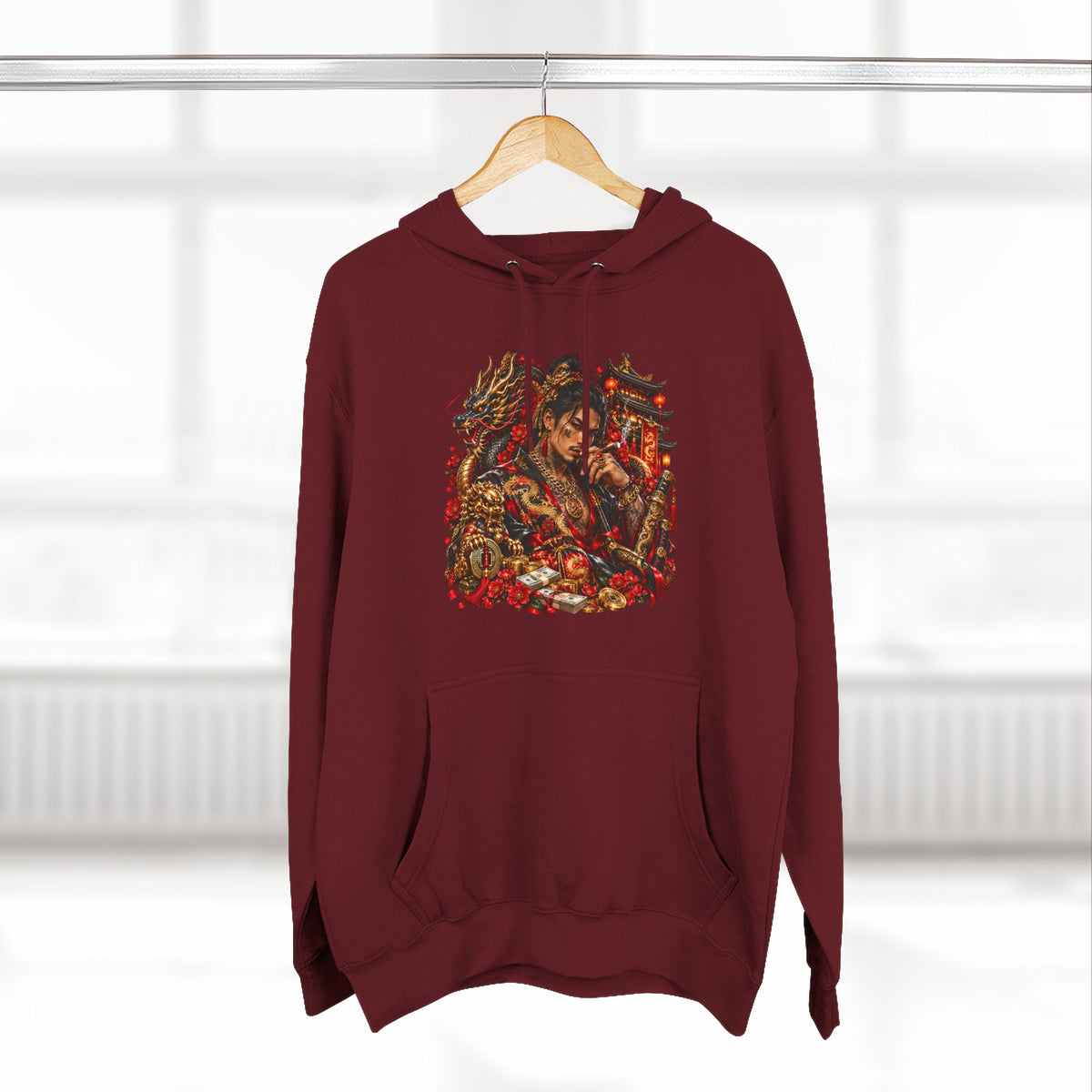 Dragon Battle Hoodie — Three-Panel Fleece Hooded Sweatshirt with Fiery Fantasy Artwork