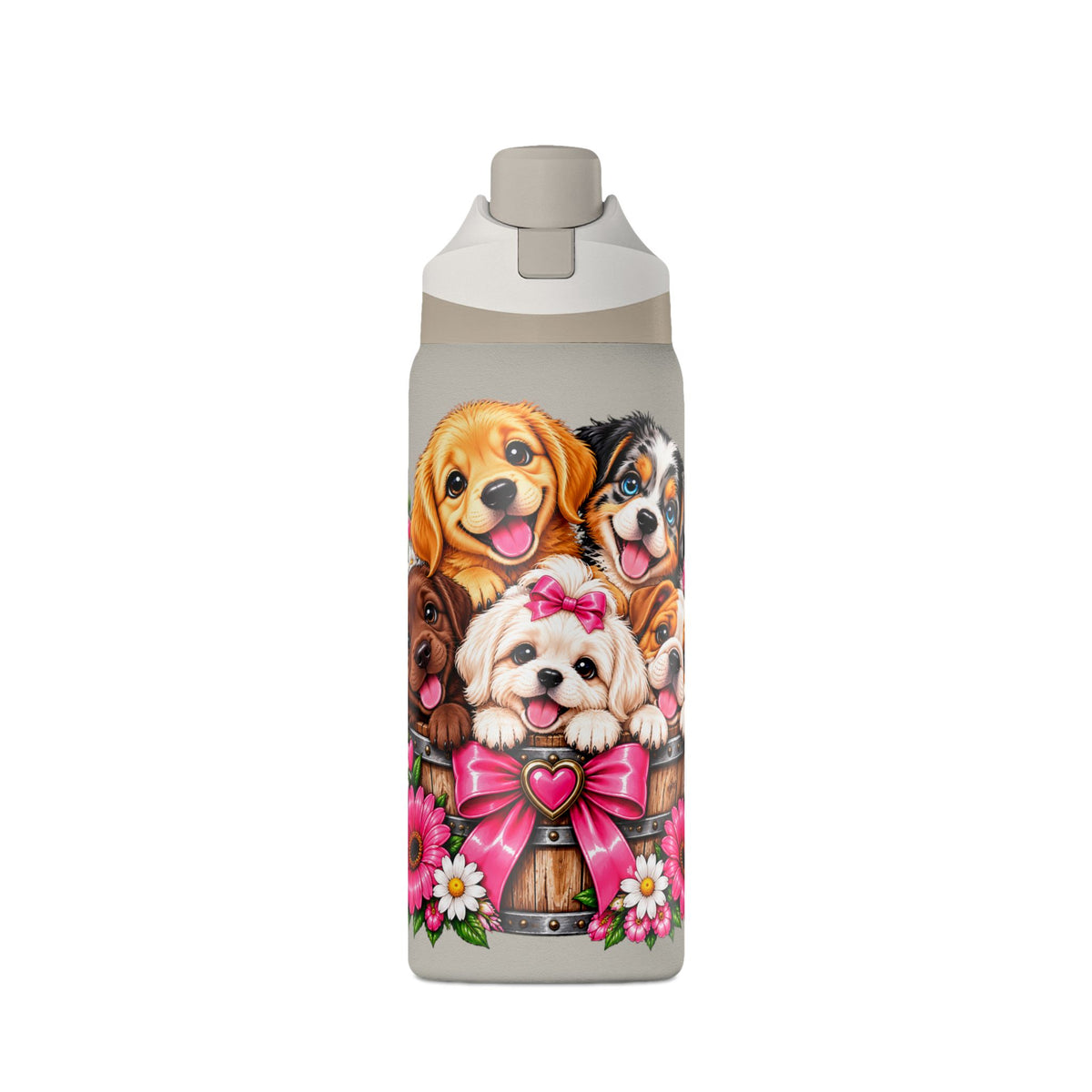 32oz Insulated Water Bottle with Adorable Dogs and Flowers
