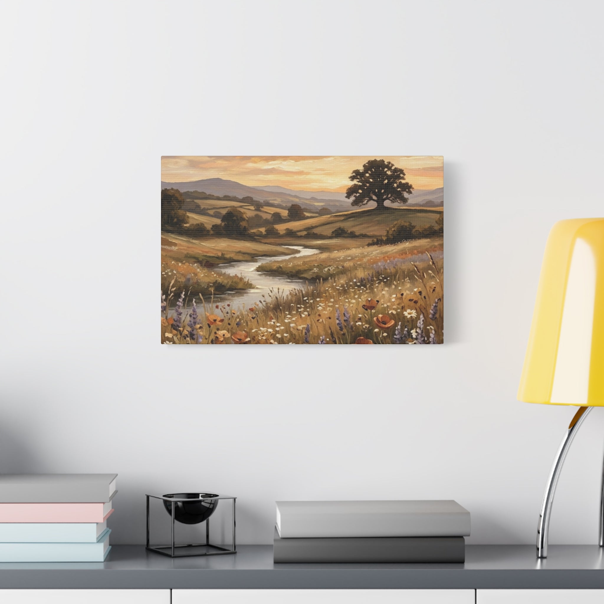 Golden Meadow River Canvas Wall Art — Stretched Matte Print