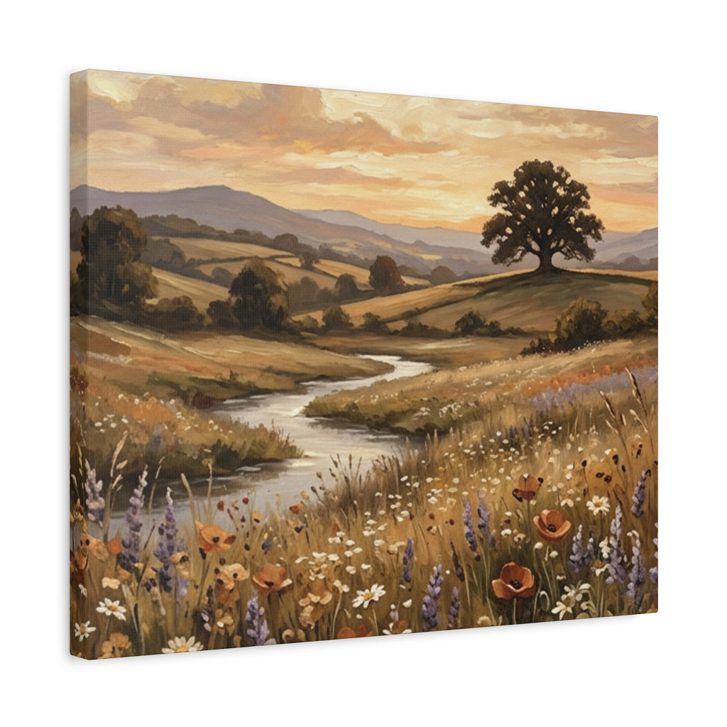 Golden Meadow River Canvas Wall Art — Stretched Matte Print