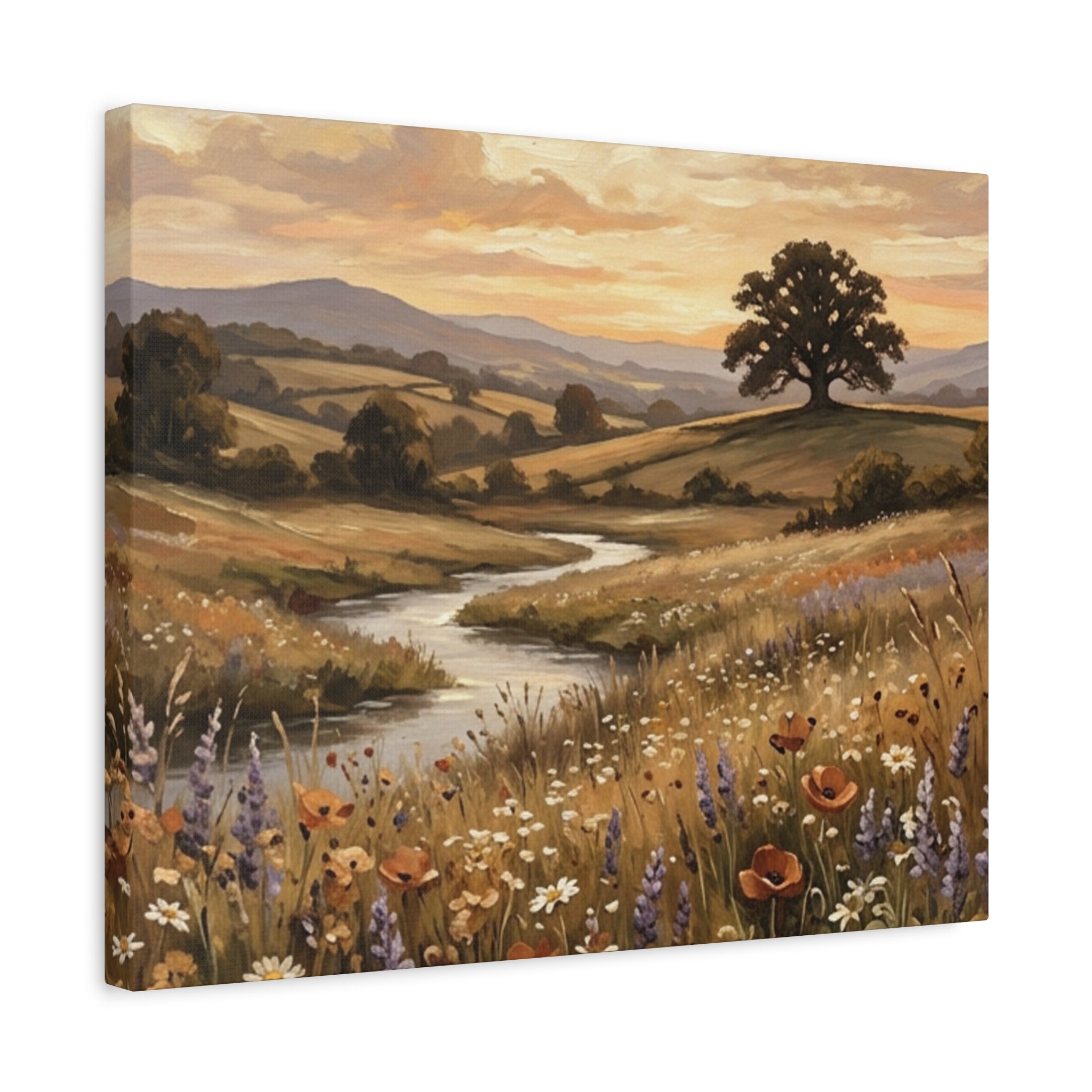 Golden Meadow River Canvas Wall Art — Stretched Matte Print